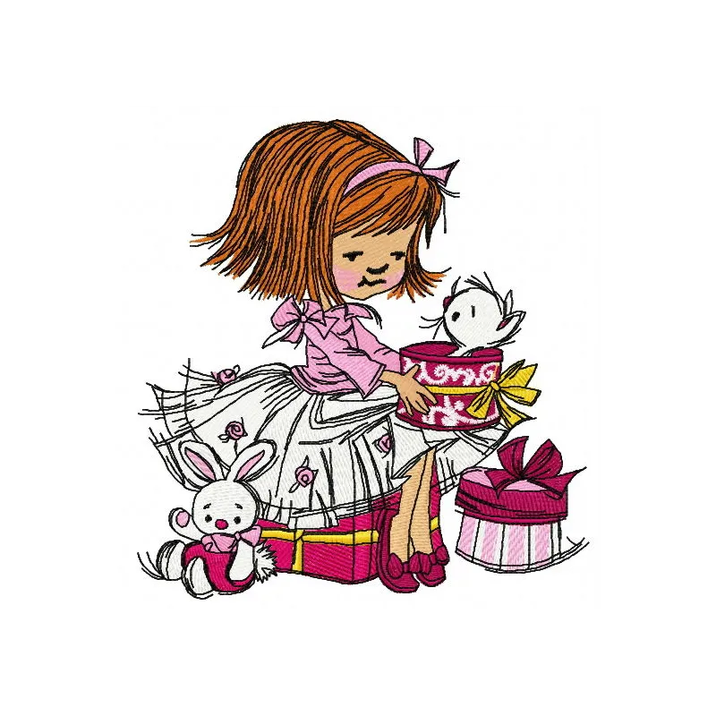 Preview of a girl's presents embroidery design featuring colorful gift motifs, ideal for baby garments and accessories.