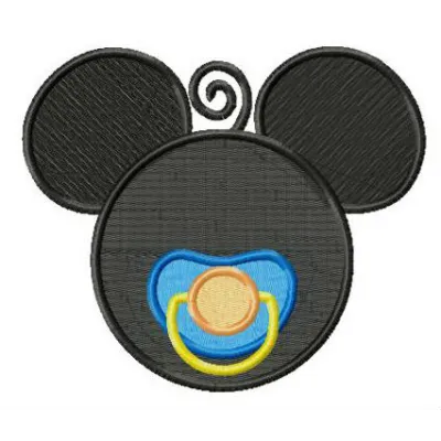 Mickey Mouse embroidery design featuring Mickey with a baby dummy, ideal for stitching on baby onesies and blankets.