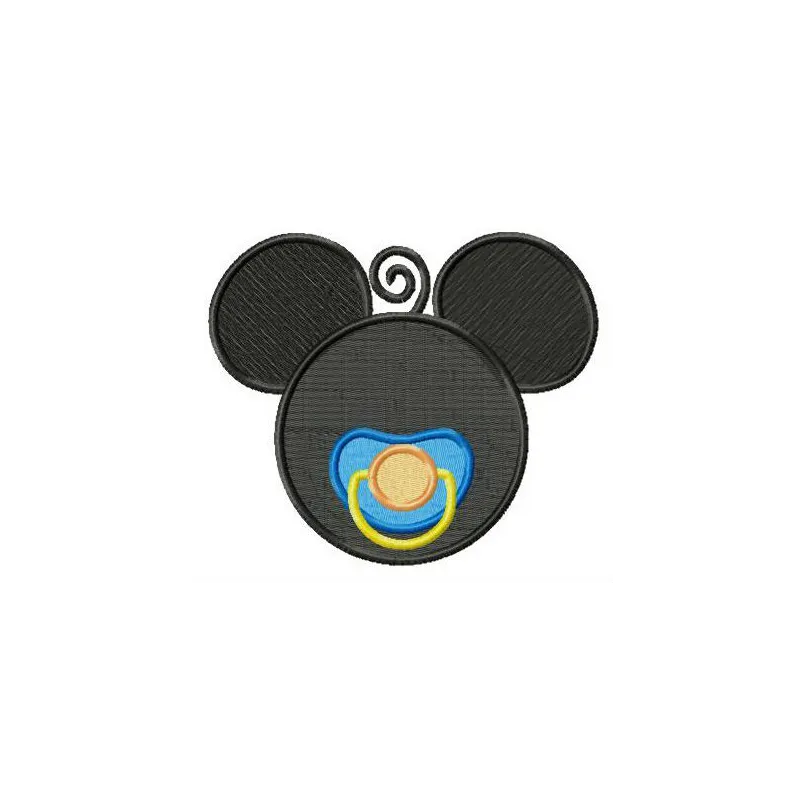 Mickey Mouse embroidery design featuring Mickey with a baby dummy, ideal for stitching on baby onesies and blankets.