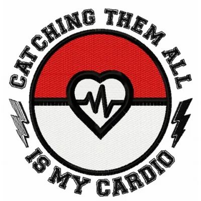 Catching them all is my cardio embroidery design featuring playful Pokemon motifs for creative stitching projects.