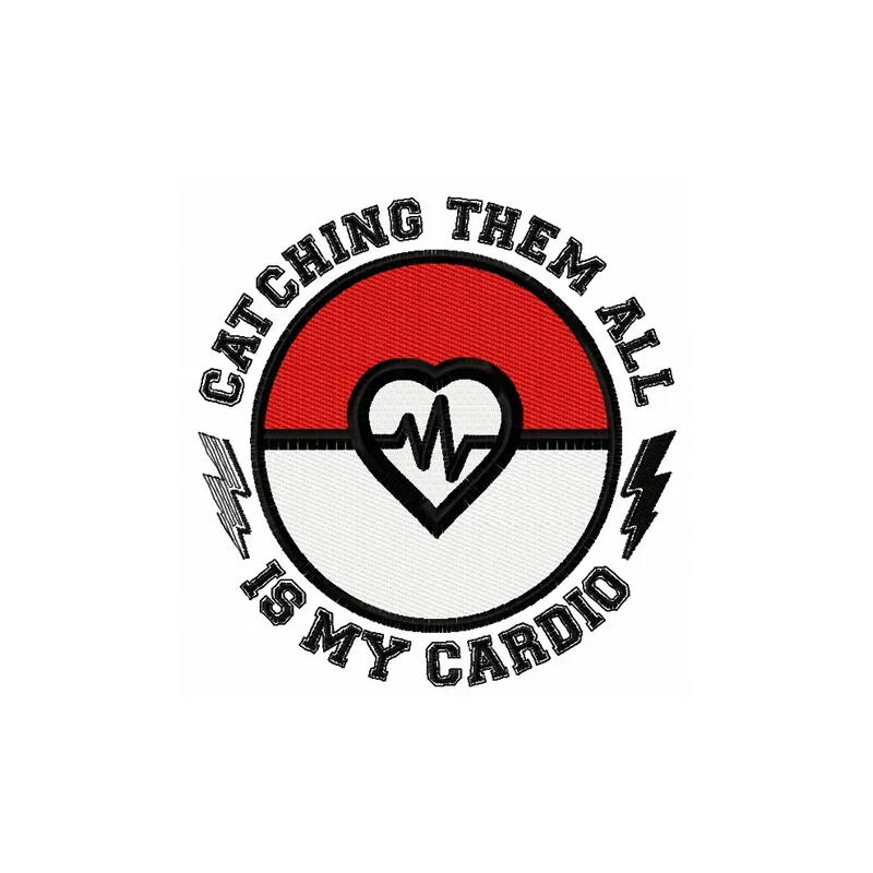 Catching them all is my cardio embroidery design featuring playful Pokemon motifs for creative stitching projects.