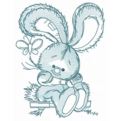 Embroidery design of a bunny swinging on a teeter-totter, perfect for playful stitching projects.