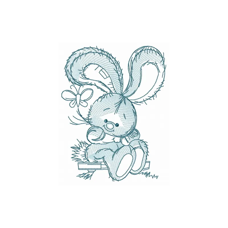 Embroidery design of a bunny swinging on a teeter-totter, perfect for playful stitching projects.