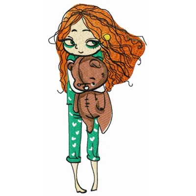 Embroidery design featuring a cute girl in pajamas, perfect for stitching on t-shirts and blankets.