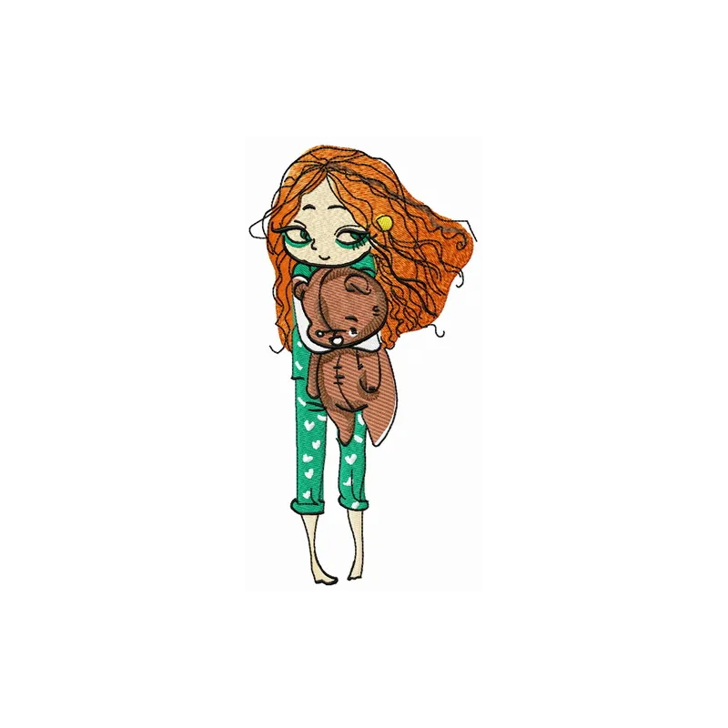 Embroidery design featuring a cute girl in pajamas, perfect for stitching on t-shirts and blankets.