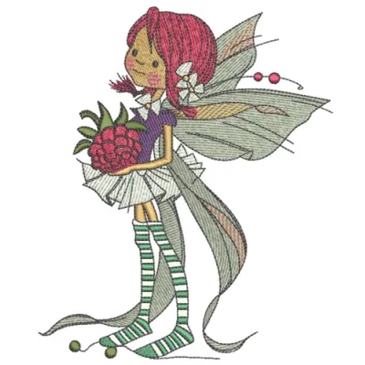 Berry fairy embroidery design showcasing a whimsical fairy with vibrant berries, ideal for creative stitching projects.