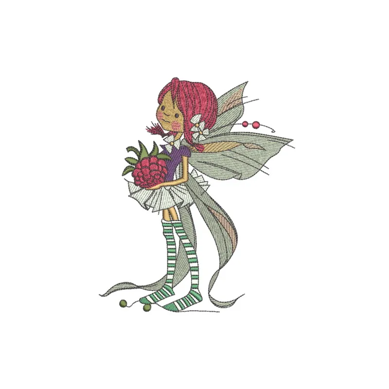 Berry fairy embroidery design showcasing a whimsical fairy with vibrant berries, ideal for creative stitching projects.