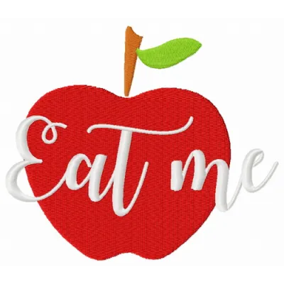 Eat me embroidery design featuring playful lettering, perfect for adding charm to kitchen towels or aprons.