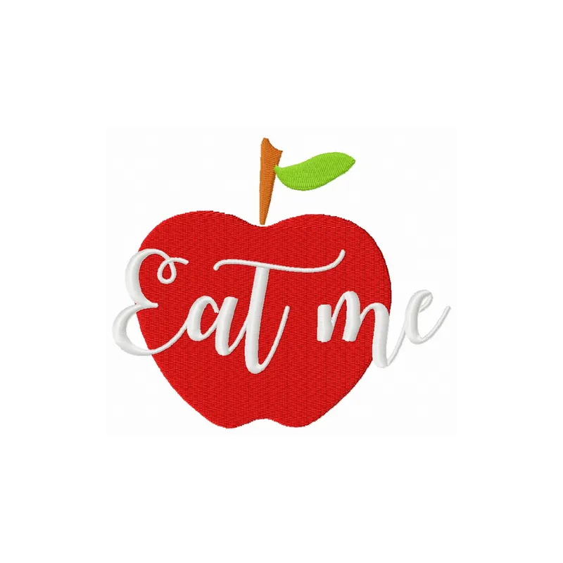 Eat me embroidery design featuring playful lettering, perfect for adding charm to kitchen towels or aprons.