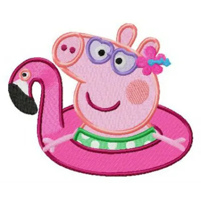 Flamingo swim tube embroidery design featuring Peppa Pig, ideal for children's apparel and accessories.