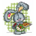 Embroidery design of a bunny baking cookies, showcasing a whimsical stitching pattern for creative projects.