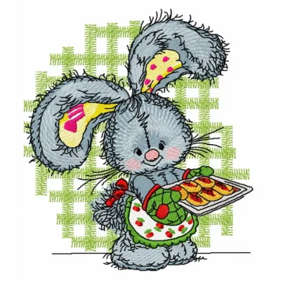 Embroidery design of a bunny baking cookies, showcasing a whimsical stitching pattern for creative projects.