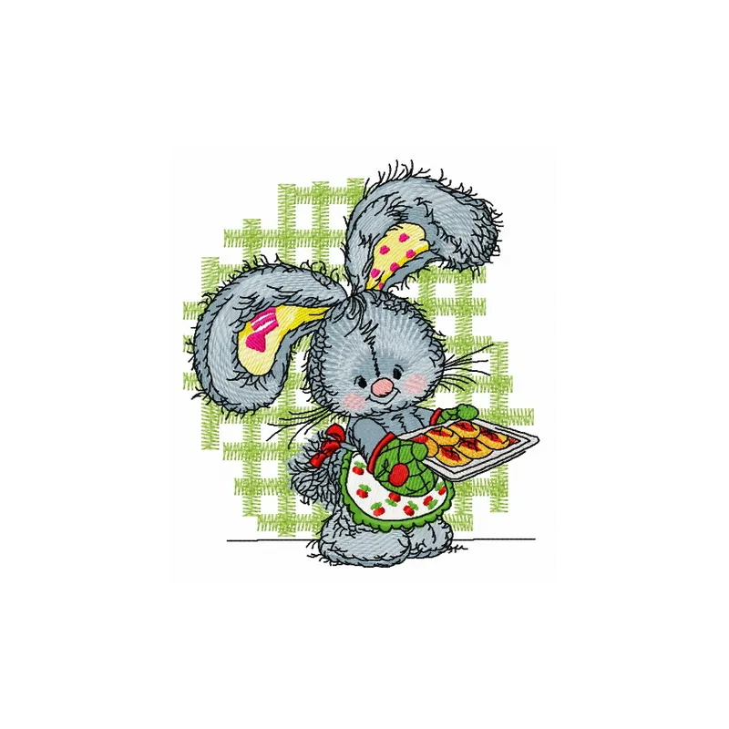 Embroidery design of a bunny baking cookies, showcasing a whimsical stitching pattern for creative projects.