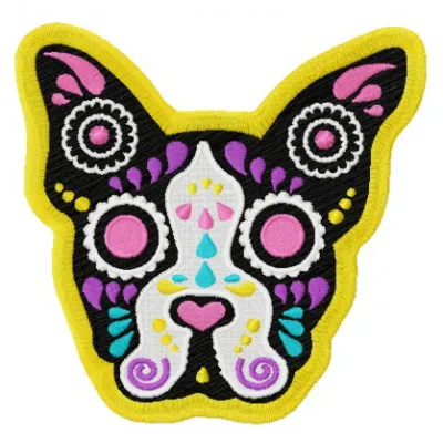 Embroidery design featuring a decorated dog, showcasing intricate stitching patterns for pet lovers.