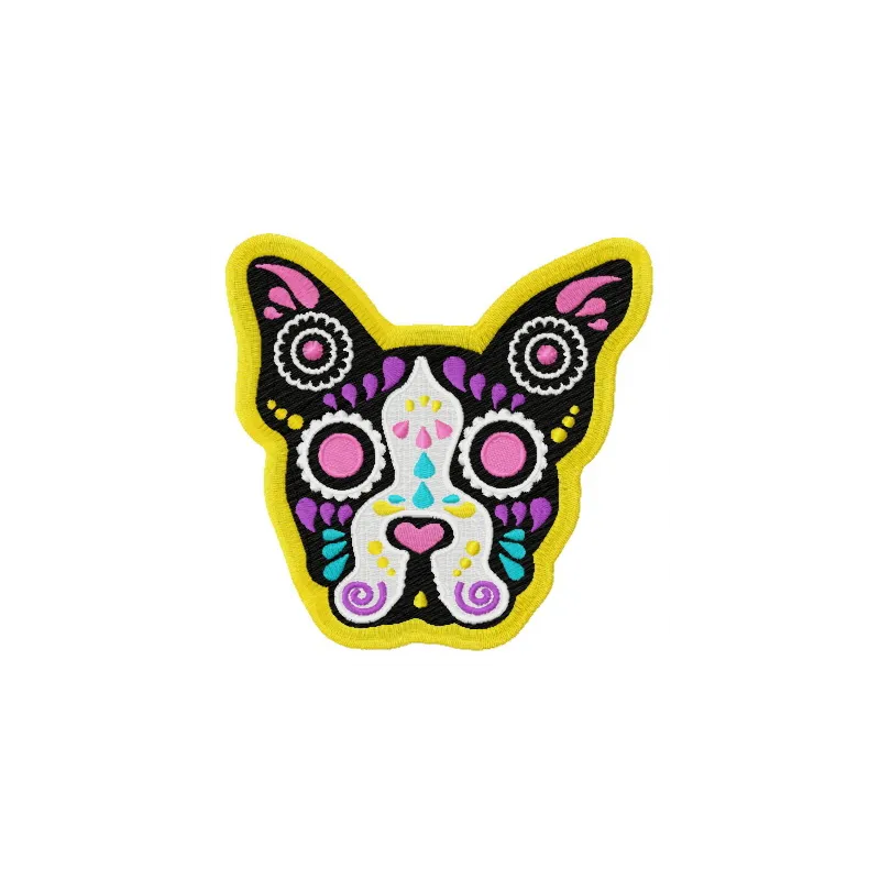 Embroidery design featuring a decorated dog, showcasing intricate stitching patterns for pet lovers.