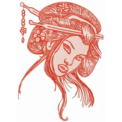 Shy geisha embroidery design showcasing intricate details, perfect for adding charm to your fabric projects.