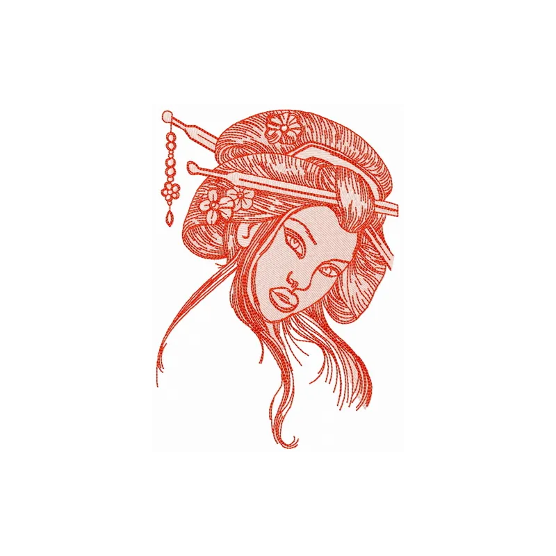 Shy geisha embroidery design showcasing intricate details, perfect for adding charm to your fabric projects.