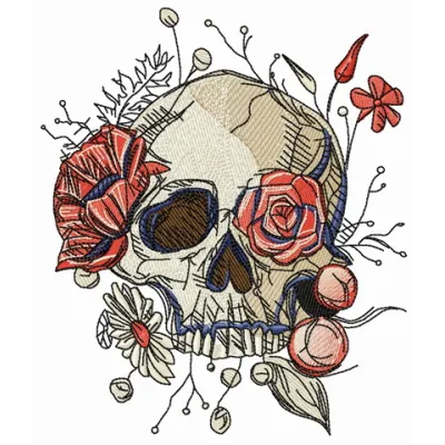 Skull overgrown with flowers 2 embroidery design showcasing intricate floral patterns on a skull motif.