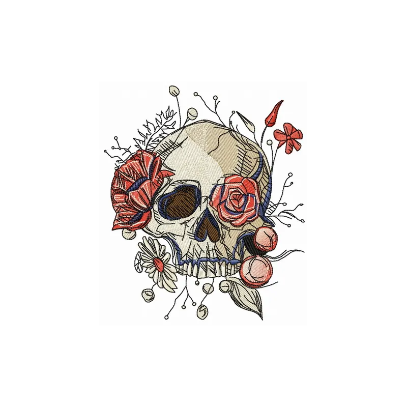 Skull overgrown with flowers 2 embroidery design showcasing intricate floral patterns on a skull motif.