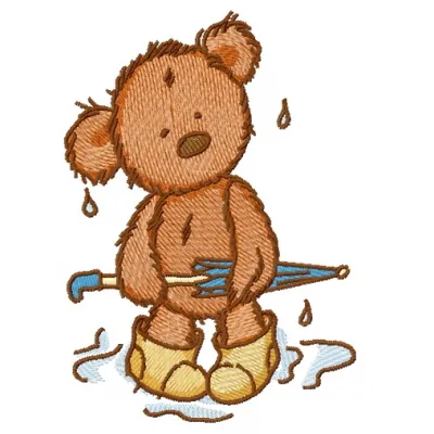 Umbrella didn't help embroidery design featuring a cute teddy bear, ideal for stitching on t-shirts or hoodies.