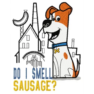 Do I smell sausage? embroidery design from The Secret Life of Pets, showcasing a playful motif for stitching.
