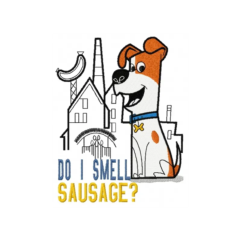 Do I smell sausage? embroidery design from The Secret Life of Pets, showcasing a playful motif for stitching.