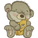 Embroidery design featuring a bear holding a teddy bear, perfect for stitching on children's apparel and gifts.