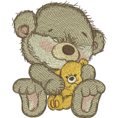 Embroidery design featuring a bear holding a teddy bear, perfect for stitching on children's apparel and gifts.
