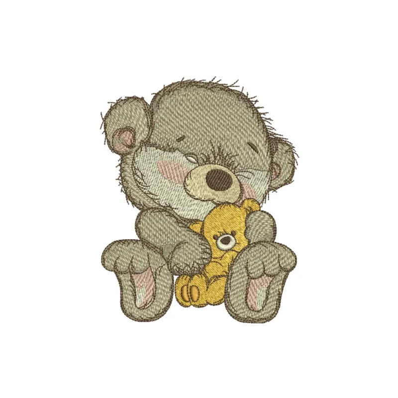 Embroidery design featuring a bear holding a teddy bear, perfect for stitching on children's apparel and gifts.