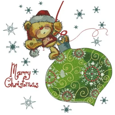 Embroidery design featuring a teddy bear on a Christmas ball, perfect for festive stitching projects.