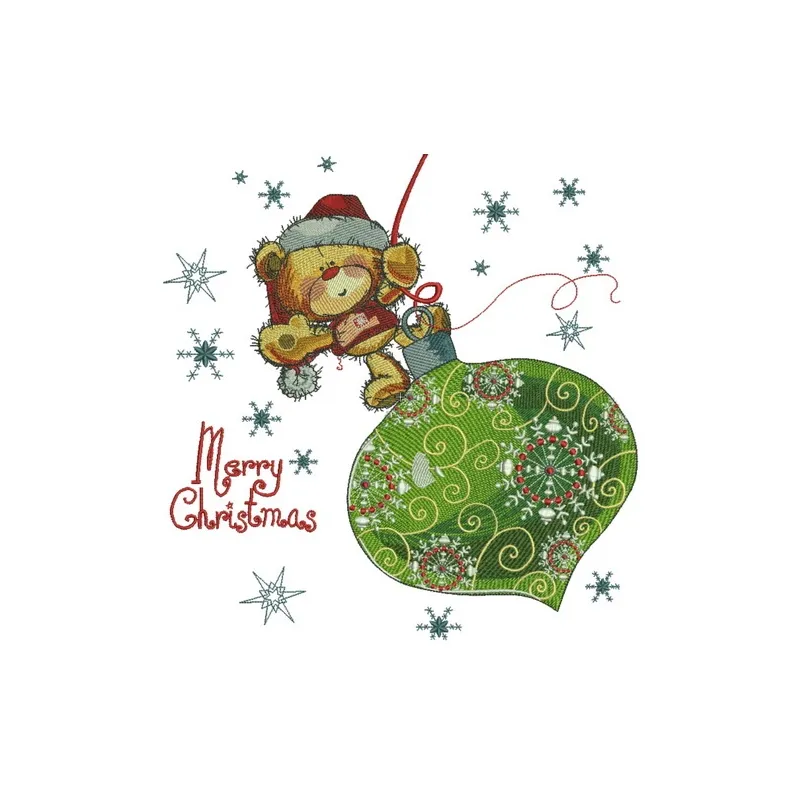 Embroidery design featuring a teddy bear on a Christmas ball, perfect for festive stitching projects.