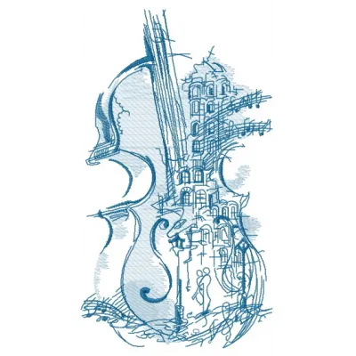 Preview of a one color embroidery design featuring a violin and musical notes, perfect for hobbyists and crafters.