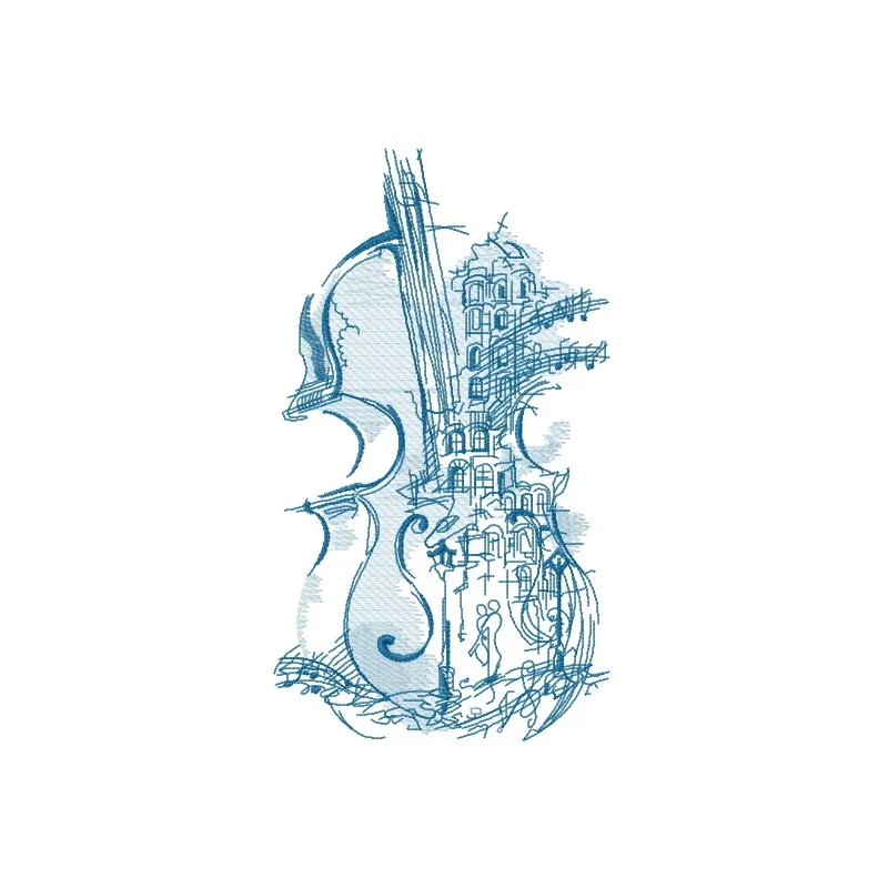 Preview of a one color embroidery design featuring a violin and musical notes, perfect for hobbyists and crafters.