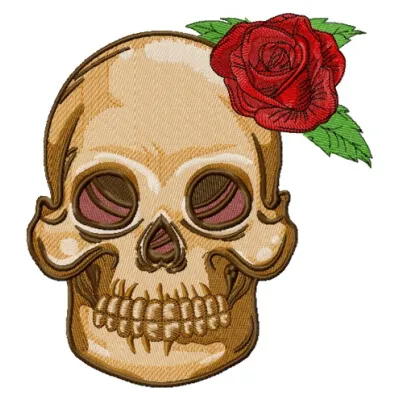 Skull with prickly rose 2 embroidery design featuring a striking skull adorned with a vibrant rose.