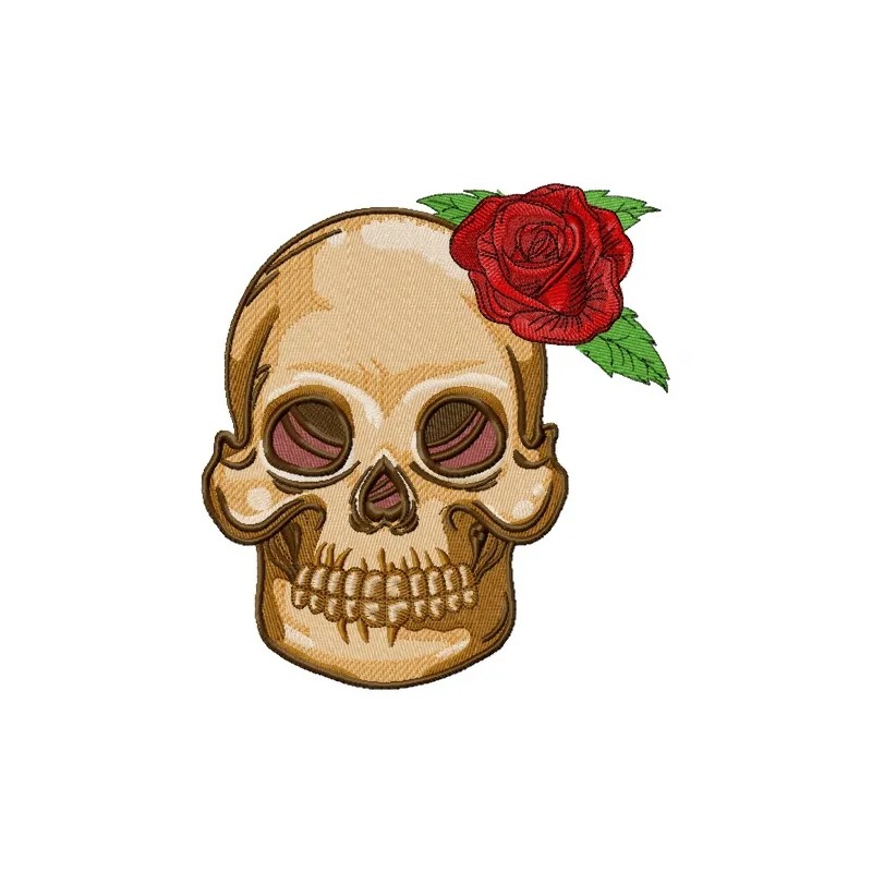 Skull with prickly rose 2 embroidery design featuring a striking skull adorned with a vibrant rose.