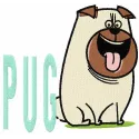 Pug Mel embroidery design featuring a cute pug from The Secret Life of Pets, ideal for stitching on t-shirts or tote bags.