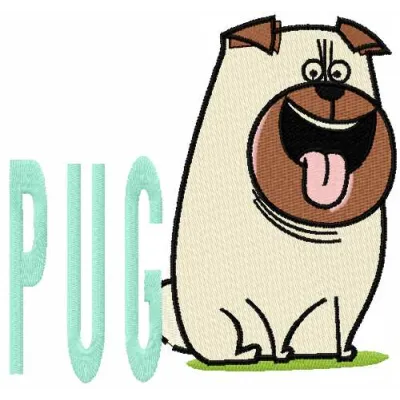 Pug Mel embroidery design featuring a cute pug from The Secret Life of Pets, ideal for stitching on t-shirts or tote bags.