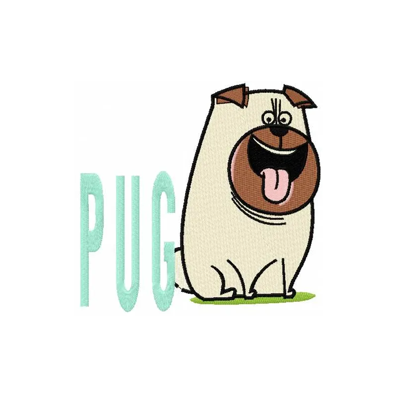 Pug Mel embroidery design featuring a cute pug from The Secret Life of Pets, ideal for stitching on t-shirts or tote bags.