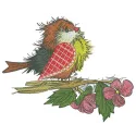 Embroidery design of a European robin surrounded by a pink flower, ideal for stitching on apparel or home decor.