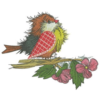European robin with pink flower embroidery design - Embroidery Design
