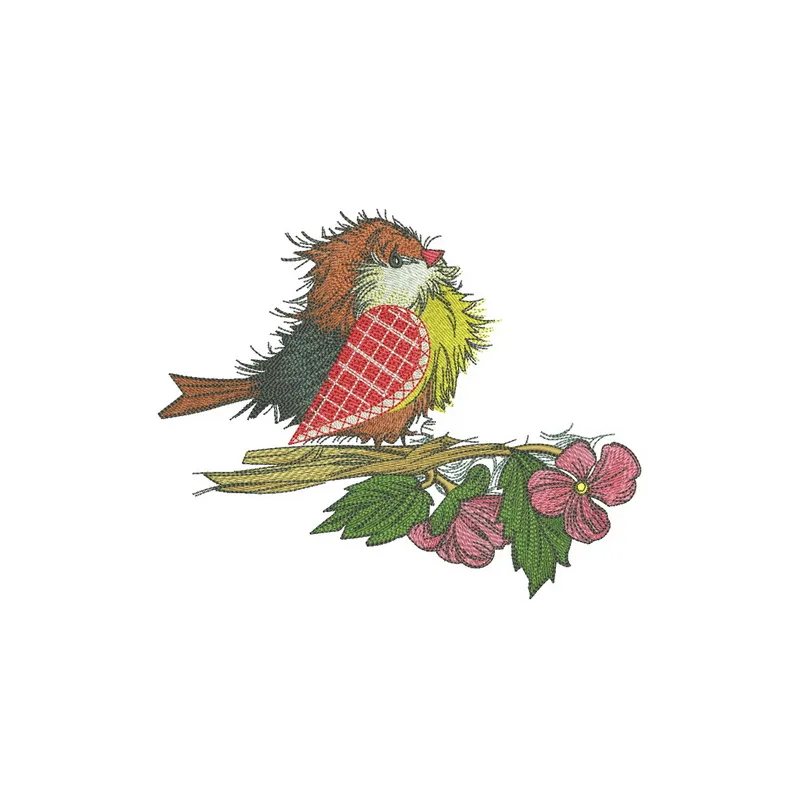 Embroidery design of a European robin surrounded by a pink flower, ideal for stitching on apparel or home decor.
