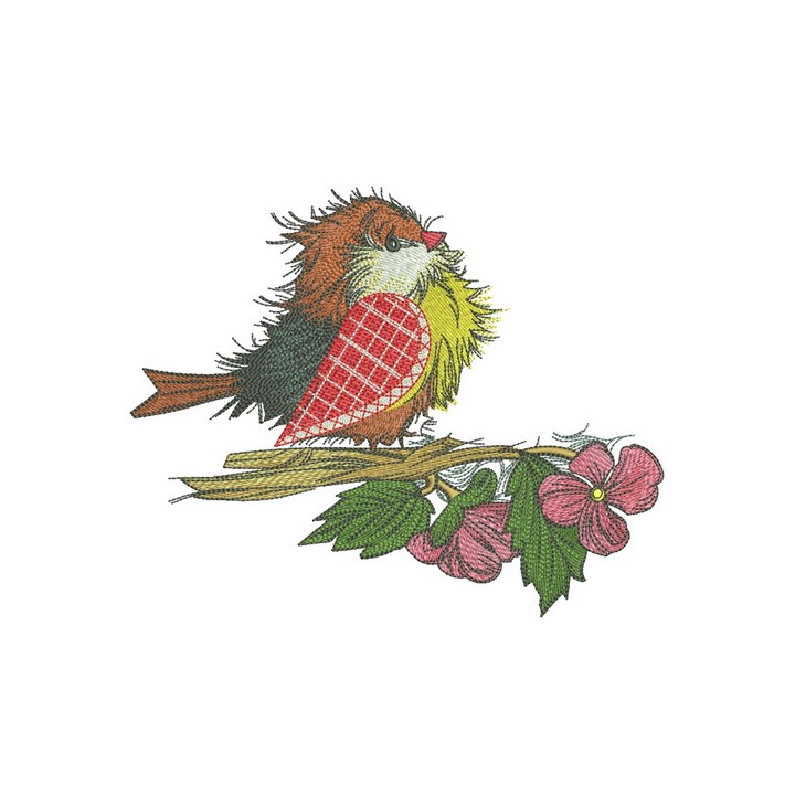Embroidery design of a European robin surrounded by a pink flower, ideal for stitching on apparel or home decor.