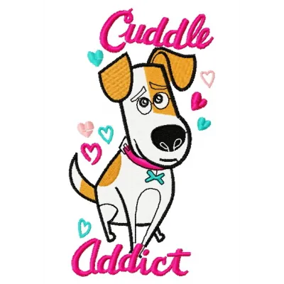 Cuddle Addict embroidery design from The Secret Life of Pets, showcasing a playful motif for stitching on various fabrics.