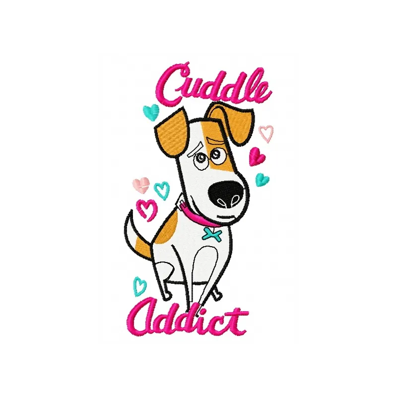 Cuddle Addict embroidery design from The Secret Life of Pets, showcasing a playful motif for stitching on various fabrics.