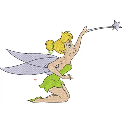 Tinkerbell with magic wand embroidery design, showcasing a whimsical fairy perfect for embellishing t-shirts and tote bags.
