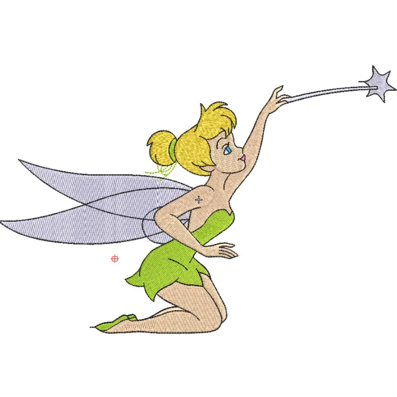 Tinkerbell with magic wand embroidery design, showcasing a whimsical fairy perfect for embellishing t-shirts and tote bags.