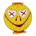 Scarecrow in love embroidery design featuring a whimsical scarecrow surrounded by autumn leaves and hearts.