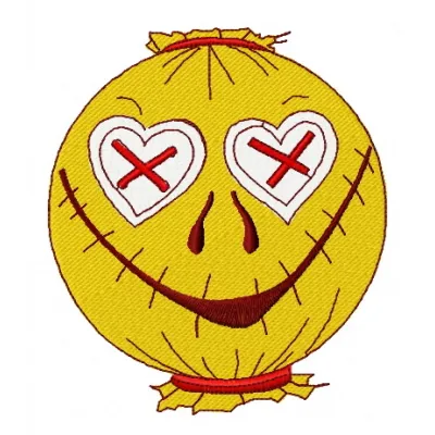 Scarecrow in love embroidery design featuring a whimsical scarecrow surrounded by autumn leaves and hearts.