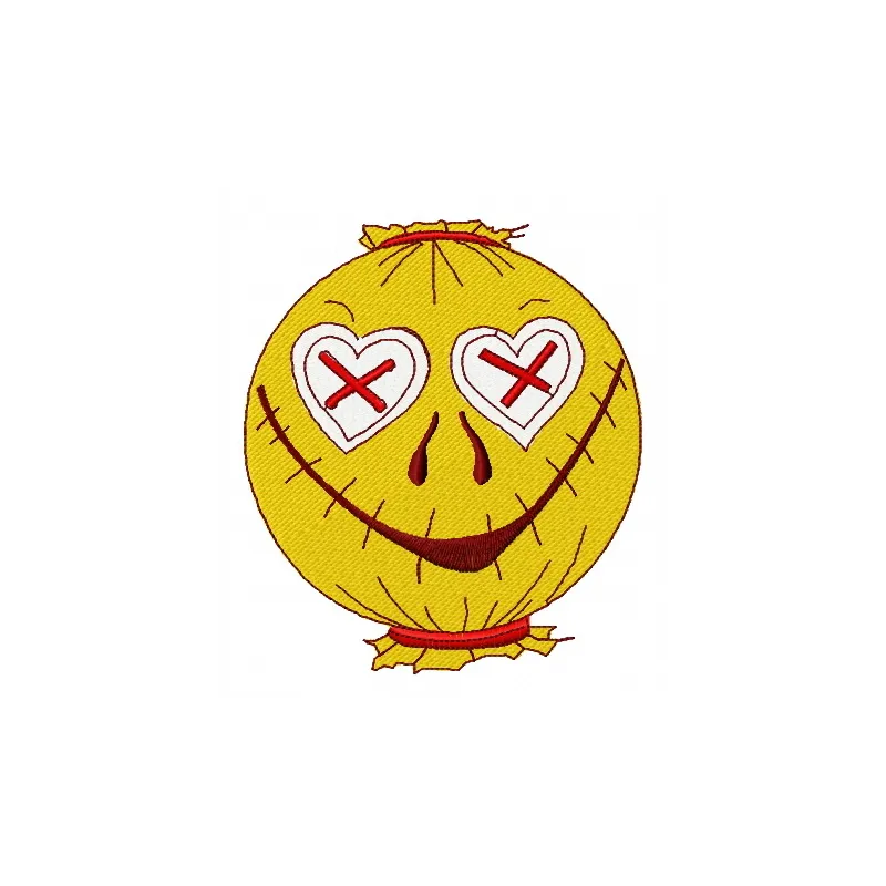 Scarecrow in love embroidery design featuring a whimsical scarecrow surrounded by autumn leaves and hearts.