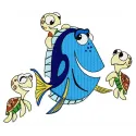 Dory and little turtles embroidery design featuring colorful marine life, perfect for stitching on shirts and bags.